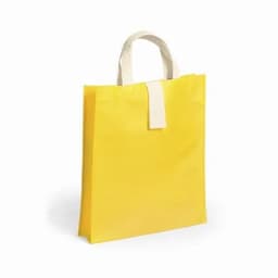 A yellow tote bag with a white handle, designed for reusable use. It has a simple and sleek appearance.