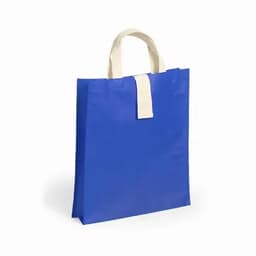A reusable tote bag in vibrant blue with white handles. The bag has a simple design and a sturdy appearance.
