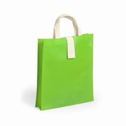 A green tote bag with a cream-coloured handle, featuring a simple, unembellished design.