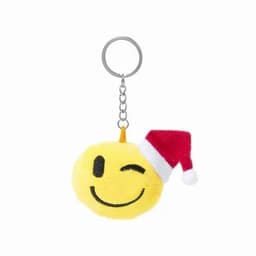 A yellow smiley face keychain wearing a red and white Santa hat, attached to a metal keyring.
