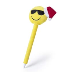 A yellow pen with a smiling emoji head wearing sunglasses and a Santa hat, featuring a soft, plush design.