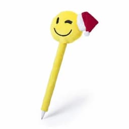 A yellow pen featuring a smiling emoji with a Santa hat on top. It has a sleek writing tip.