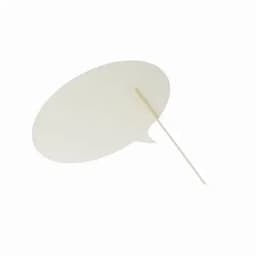 A speech bubble prop in off-white colour with a wooden stick for holding. 