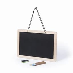 A chalkboard with a wooden frame, hanging from a string, accompanied by chalk and an eraser.