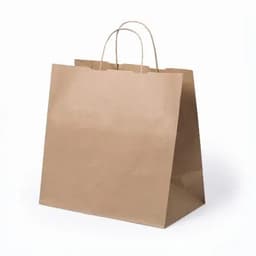 A brown paper bag with handles, featuring a simple and classic design.