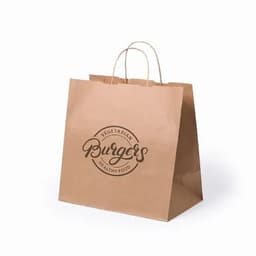 A brown paper bag with handles, featuring a logo and text promoting vegetarian burgers and healthy food.
