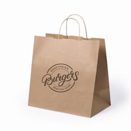 A brown paper takeaway bag featuring a round logo for vegetarian burgers and healthy food.