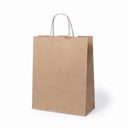 A brown paper shopping bag with a simple design and sturdy handles. It has no visible branding or text.