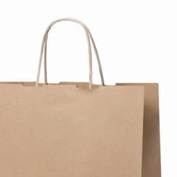 A brown paper shopping bag with handles, featuring a simple and minimalist design.