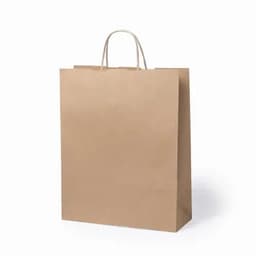 A brown paper bag with handles, featuring a plain design without any branding.
