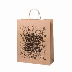 A brown paper bag featuring a hand-drawn design with black text and floral elements. It has two handles.