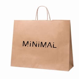 A brown paper shopping bag with handles featuring the word "MINIMAL" in black print.