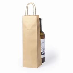 A drink bottle in a brown paper bag with a handle, featuring a label with a water splash design.