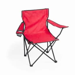 A red folding camp chair with black accents and armrests. The chair features a mesh cup holder.