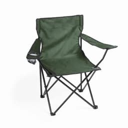 A green folding camping chair with a black metal frame and supportive armrests. It features a drink holder.