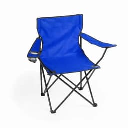 A folding chair in vibrant blue with black metal framing and armrests, featuring a cup holder on one side.
