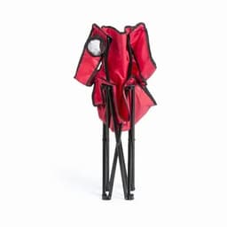 A collapsible chair in red fabric with black accents and a mesh pocket, featuring a foldable black frame.