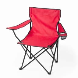 A folding camping chair in bright red with black trim and a side pocket. It has a lightweight metal frame.