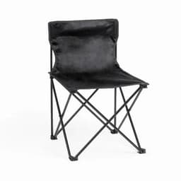 A portable folding chair with a black fabric seat and a black metal frame, designed for easy transport and storage.