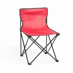 A folding chair with a red seat and black metal frame, designed for portable use.