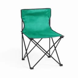 A folding chair with a green fabric seat and a black metal frame. It features a simple and portable design.