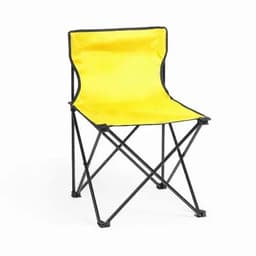A folding chair with a bright yellow seat and black metal frame. Suitable for outdoor use.