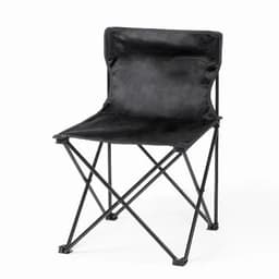 A folding chair with a black fabric seat and black metal frame, featuring an X-shaped base for stability.