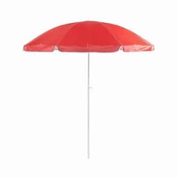 A beach umbrella in bright red with a white pole and a round shape, perfect for outdoor use.