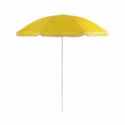 A yellow beach umbrella with a white pole, designed for sun protection. It features a classic, rounded shape.