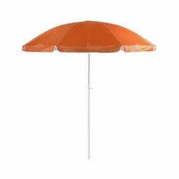 An orange beach umbrella with a white pole, featuring a classic dome shape for sun protection.