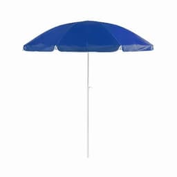 A blue beach umbrella with a white pole, featuring a classic dome shape and a sturdy design.