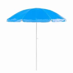 A blue beach umbrella with a white pole, featuring a rounded canopy design.