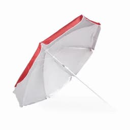 A beach umbrella in white and red, featuring a sturdy pole and a classic canopy design.