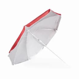 A beach umbrella in grey with a red underside, featuring a sturdy pole and a curved design.
