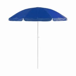 A beach umbrella in blue with a white pole, featuring a simple round shape and a sturdy design.