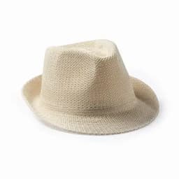 A straw fedora hat in a light beige colour, featuring a wide brim and textured design. It has a logo on the side.