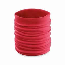 A red multi-purpose fabric item with a textured, gathered appearance. It features a logo on the side.