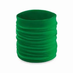 A green multi-purpose neck gaiter with a stretchy, textured design, featuring a logo.