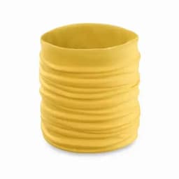 A yellow, multi-functional neck gaiter with a textured, gathered design. It features a logo on one side.