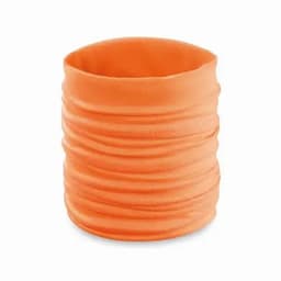 An orange multifunctional neck tube, featuring a gathered, stretchy fabric design.