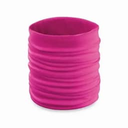 A drink bottle in a vibrant pink colour with a textured, ribbed design and a flexible construction. It features a logo.