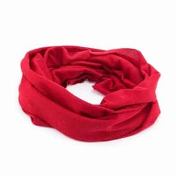 A red scarf displayed in a circular, wrapped formation. The fabric appears soft and lightweight.
