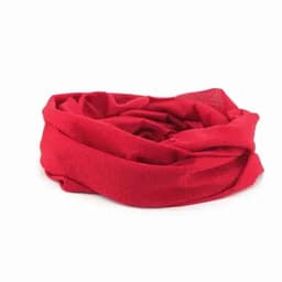 A red multi-use fabric scarf is displayed, featuring a soft and stretchy design. It has no visible branding.