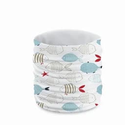 A multi-use neck gaiter featuring a pattern of light blue and grey fish on a white background.