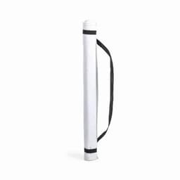 A cylindrical white carrying case with a black strap for easy transport. It features a simple design without any visible branding.