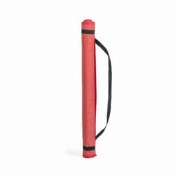 A red drink bottle with a black strap, featuring a textured surface and a rounded top. It has a logo.