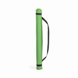 A green yoga mat rolled up with a black carrying strap. Features a textured surface and a logo.