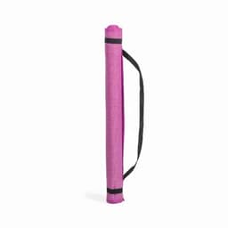 A yoga mat in a vibrant pink colour, rolled up with a black strap for carrying. It features a logo.