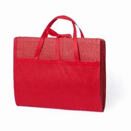 A red foldable picnic bag with handles and a textured exterior, featuring a front pocket.