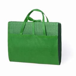 A green reusable shopping bag with two handles and a textured surface. It features a foldable design for easy storage.